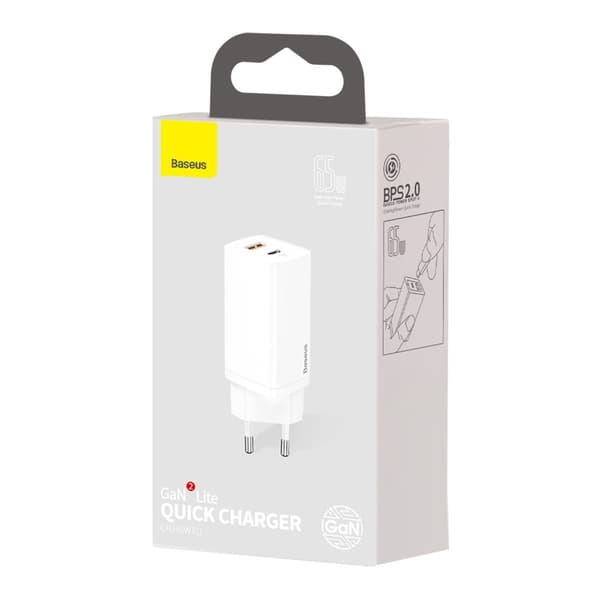 Baseus GaN2 Lite -seinälaturi, USB + USB-C, 65W, EU (valkoinen)