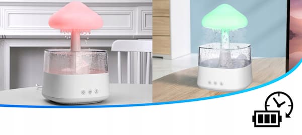 Stor svampelignende luftfugter, natlampe, LED-regndiffuser + 3 olier