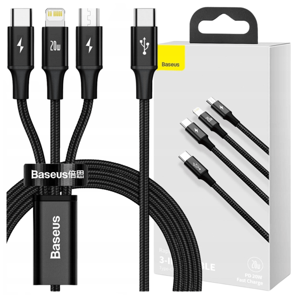 Baseus Rapid Series 3-i-1 USB-kabel, micro-USB / Lightning / USB-C, 20W, 1,5m (svart)