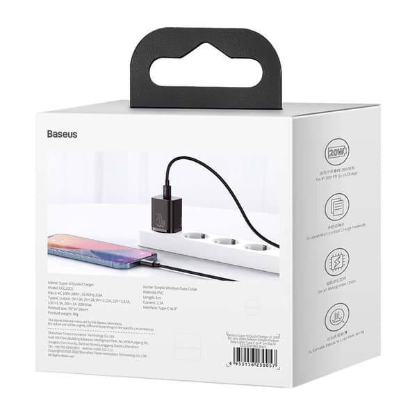 Baseus Super Si Quick Charger 1C 20W vægoplader med 1m USB-C til Lightning-kabel (sort)