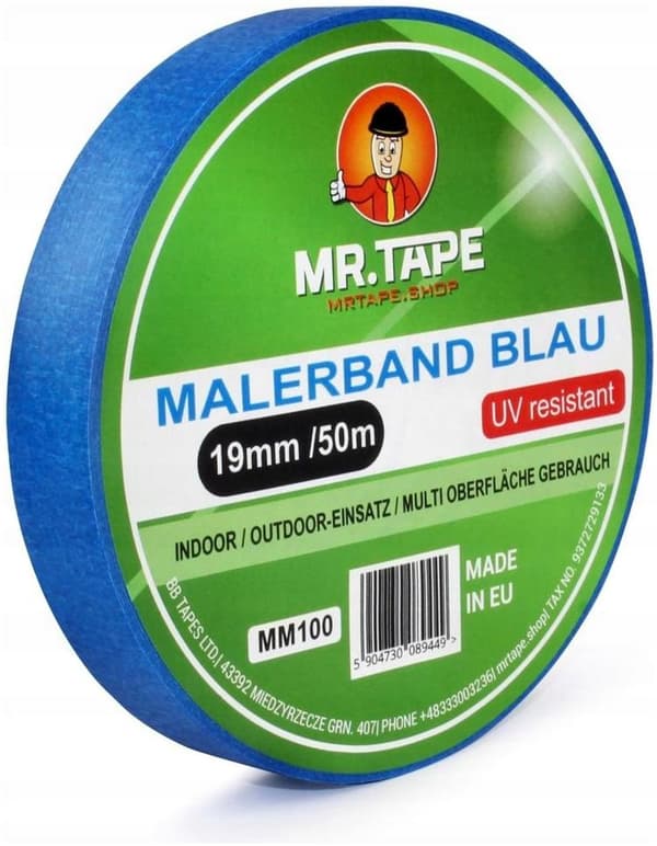 BLÅ MÅLNINGSTEJP 19mm / 50m MR.TAPE PAPPERSMASKERINGSTEJP UV 30