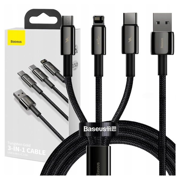 Baseus Tungsten Gold 3in1 USB-kaapeli, USB - micro USB / USB-C / Lightning, 3.5A, 1.5m (musta)