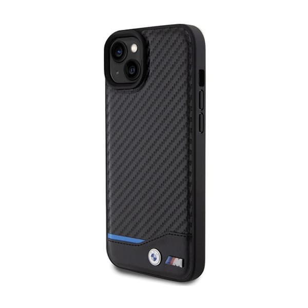 BMW Læder Carbon Blue Line - iPhone 15 Plus Etui (Sort)