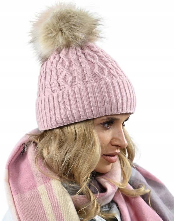 Damvintermössa i rosa med pompom, varm fleecemössa