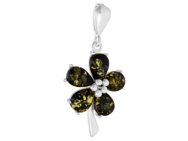 Långt silverblomshalsband med grön bärnstensblomma bärnsten 50 cm