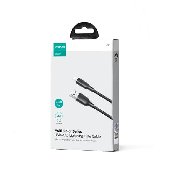 Joyroom Multi-Color Series S-A34 USB-A / Lightning 3A -kaapeli 1m - musta