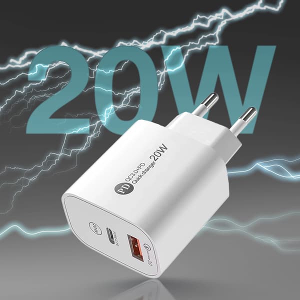 A6MaxL 20W USB-A USB-C vægoplader med 1m USB-C - Lightning-kabel - Hvid