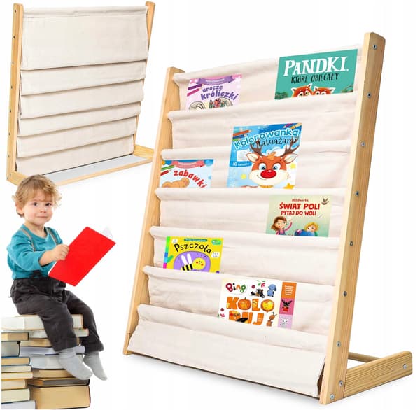 BØRNEBOGREOL 79 CM ORGANIZER 6 HYLDER LOFT STÆRK TRÆ