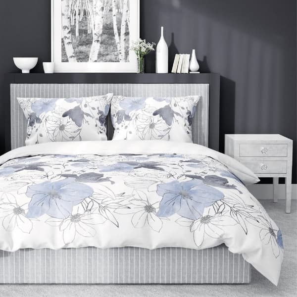 Satin Sengetøj 220x200 Blomster Blå Lys Satin