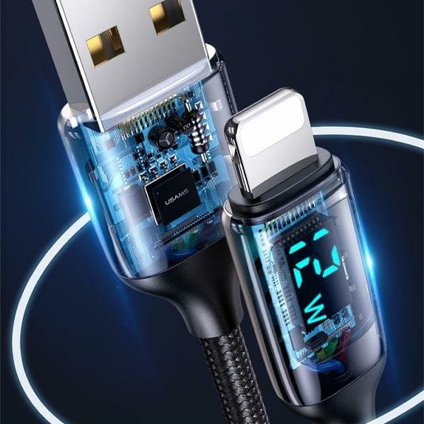 USAMS Flätad kabel U78 lightning 1.2mLED 2.4A Snabbladdning silversvart SJ543USB02 (US-SJ543)