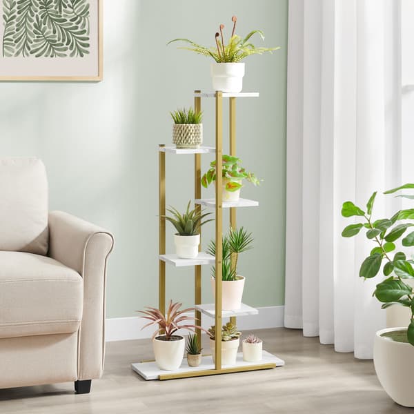 Blomsterstativ med 6 hylder - marmor / guldben