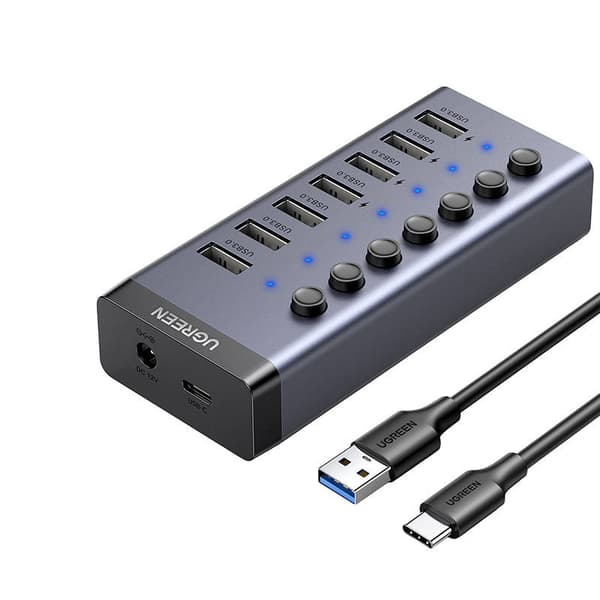 Hub UGREEN 7w1 USB-C, 7x USB-A 3.0 12V 2A CM481 (sort)