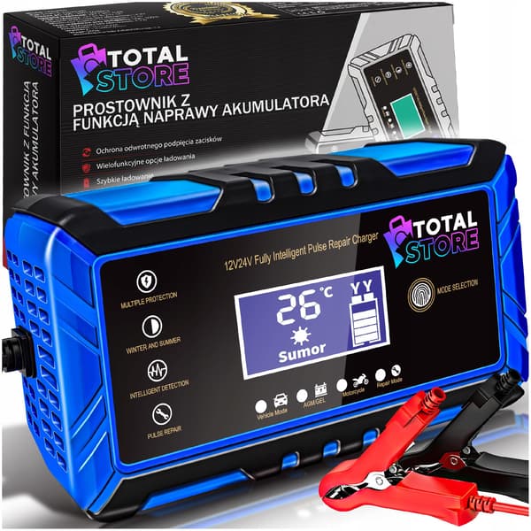 Kraftfull automatisk bilbatteriladdare med reparationsfunktion