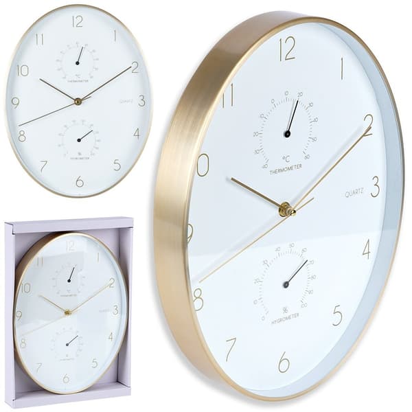 Väggklocka vit och guld med termometer och hygrometer 27x34,5 cm