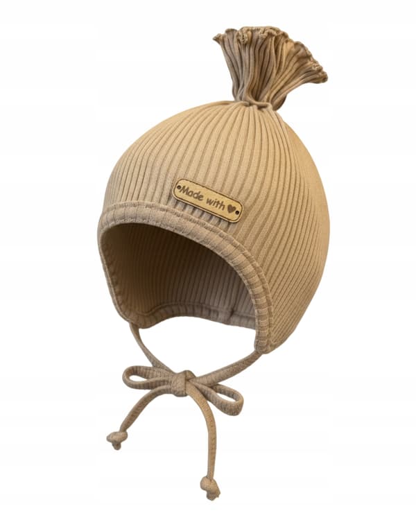 Barnmössa storlek 46-48 RIBBADE KNUTNA Vår Höst täcker öronen BEIGE