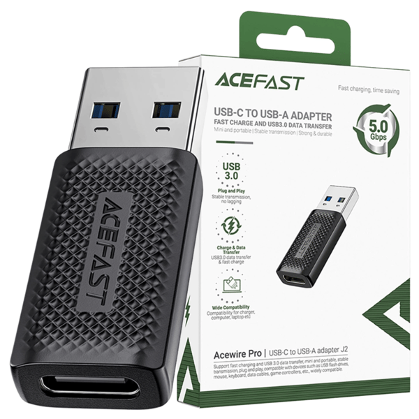 Acefast J2 USB-C 3.0 (naaras) - USB-A 3.0 (uros) 5Gb/s -sovitin - musta