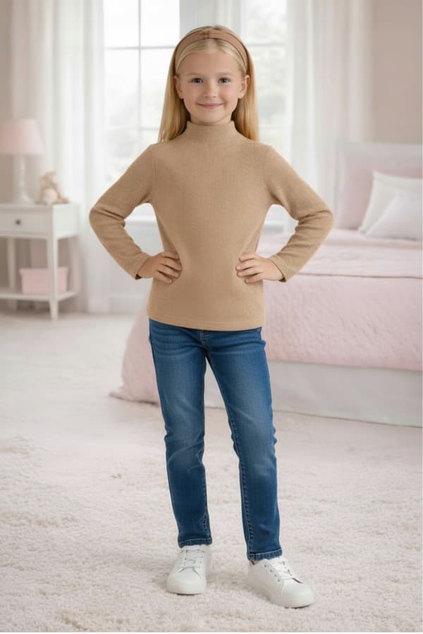 BARN HALV POLTTRÖJA 134 RIBBAD BOMULL ELASTISK DARTOMIK BEIGE