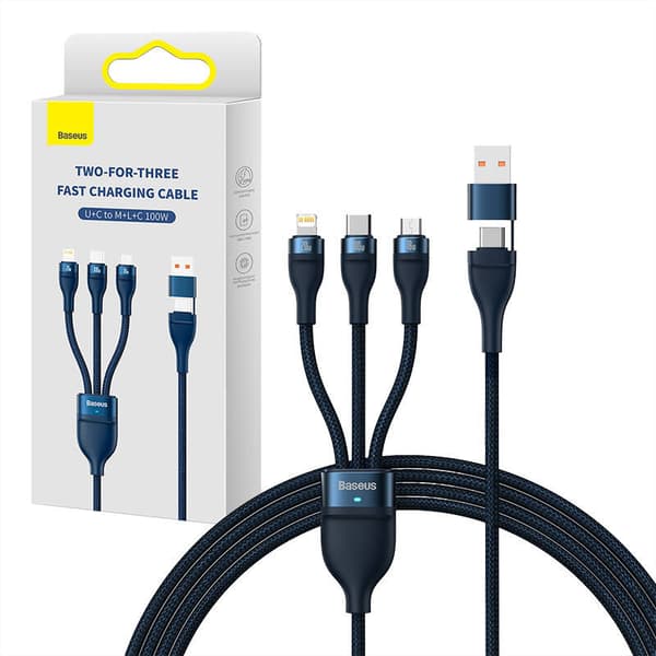 Baseus Flash Series 2 3in1 USB-kaapeli, USB-C + micro USB + Lightning, 100W, 1.2m (sininen)