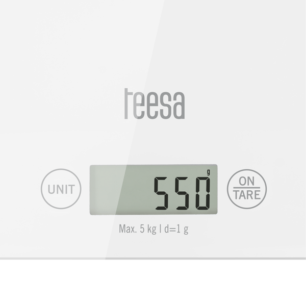 Teesa LCD-köksvåg i vit glas med tara