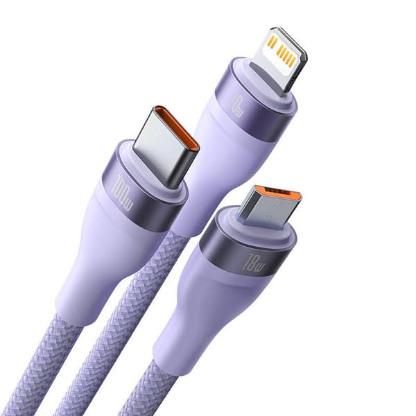 Baseus Flash Series 2 3-i-1 USB-kabel, USB-C + Micro USB + Lightning, 100W, 1,5m (lilla)