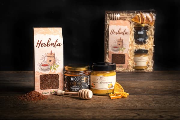 Gavekurv sæt med te, honning og appelsinmarmelade til gave