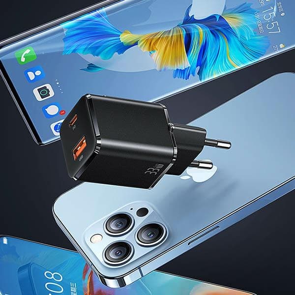 USAMS Netværksoplader 1xUSB-C + 1xUSB T43 33WPD3.0 + QC3.0 + U63 USB-C til Lightning-kabel Sort/Sort USKTZ01