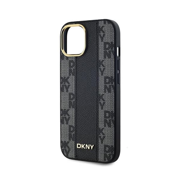 DKNY Læder Ternet Mono Mønster MagSafe - iPhone 15 Plus / 14 Plus Etui (Sort)