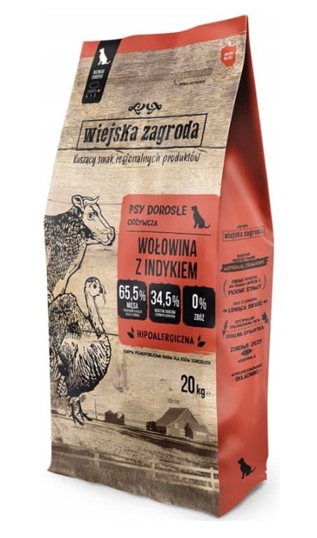 Torrt hundfoder Wiejska Zagroda nötkött med kalkon L 20 kg