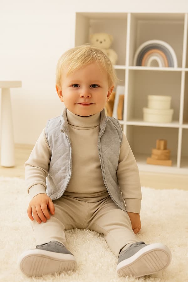 Varm barnkofta med polokrage 98 beige höghalsad blus