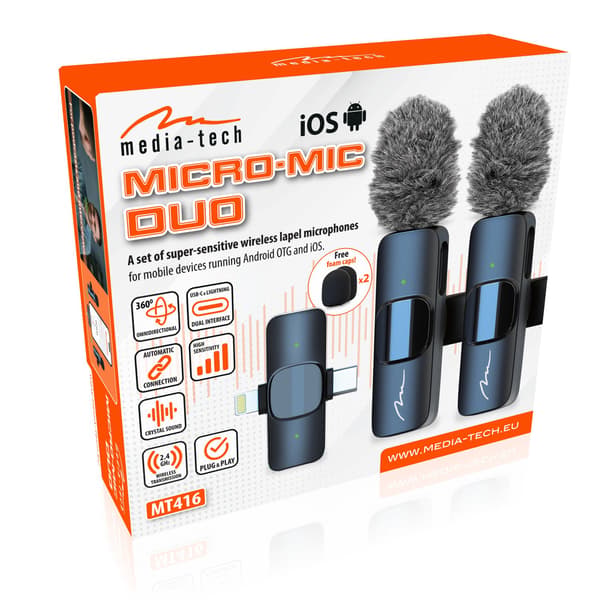 MICRO-MIC DUO - 2x Trådløs Lavaliermikrofon (sæt), på klips, iOS & Android (OTG), mini, superfølsom USB-C & LIGHTNING