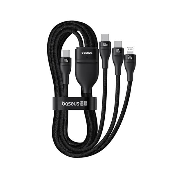 Kabel 3w1 Baseus Flash Series 3 100W USB-C - USB-C+USB-C+Lightning 1,5m + 3 x 0,25 m - sort