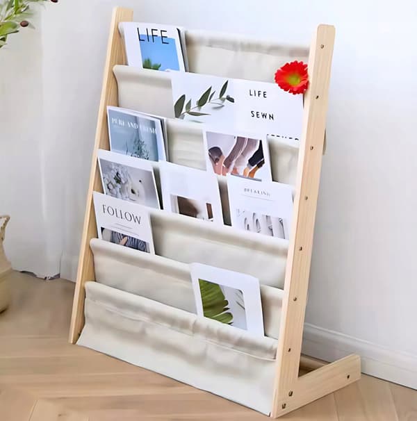 BØRNEBOGREOL 79 CM ORGANIZER 6 HYLDER LOFT STÆRK TRÆ