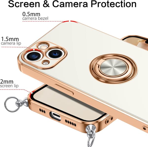 ETUI TIL APPLE IPHONE 14 6,1" SILIKONE ETUI HVIDGULD + RING OG LANYARD