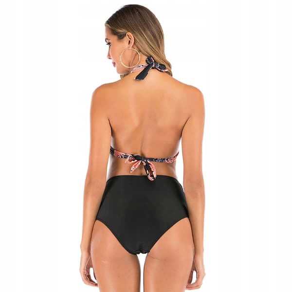 Slankande baddräkt, blommigt tryck, bikini med hög midja, S