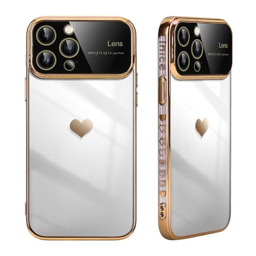 ETUI TIL APPLE IPHONE 15 PRO GULD RAMME HJERTE + KAMERABESKYTTELSE A3102