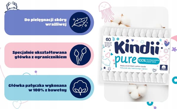 HH Kindii Pure bomullspinnar för barn 60 st. papperskartong