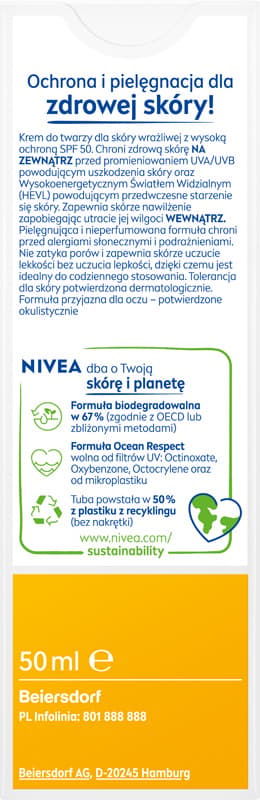 NIVEA SUN Ansiktskräm Sensitive för känslig hud med högt skydd SPF50 50ml