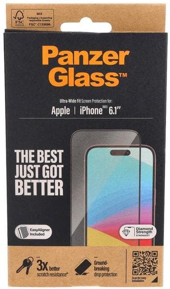 PanzerGlass Ultra-Wide Fit + EasyAligner -näytönsuoja iPhone 15:lle