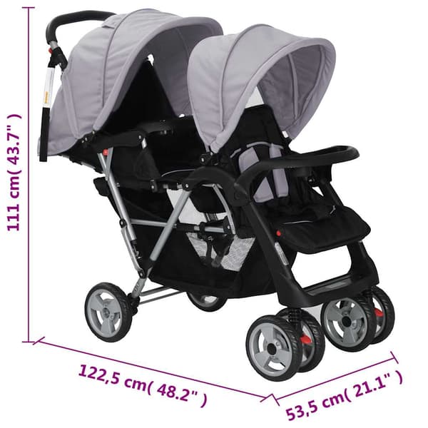 vidaXL tvillingeklapvogn, tandem, grå og sort
