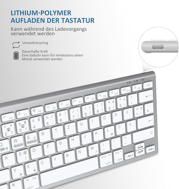 TRÅDLÖST BLUETOOTH-TANGENTBORD SILVERVIT QWERTZ TYSK