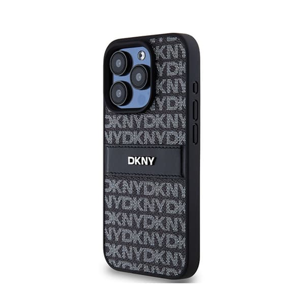 DKNY Læder Mono Stripe & Metal Logo - iPhone 15 Pro Etui (Sort)