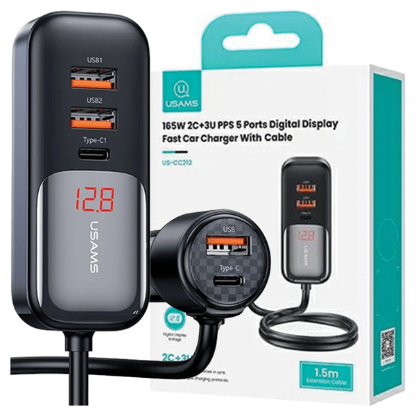 USAMS Biloplader C40 3xUSB+2xUSB-C 165WPD+QC Hurtigopladning sort/sort CC213CC01 (US-CC213)