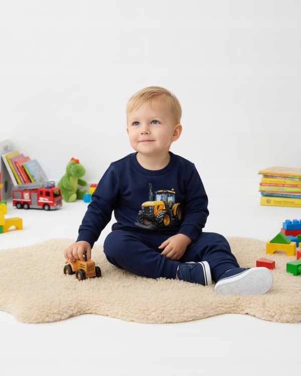 BARNPYJAMAS 98 för POJKAR 100% bomull TRAKTOR-tryck marinblå