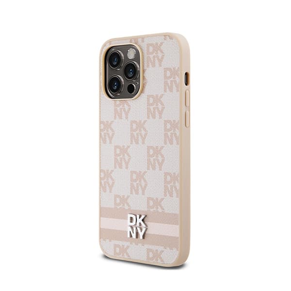 DKNY Læder Ternet Mono Mønster & Trykte Striber - iPhone 14 Pro Max Etui (Pink)