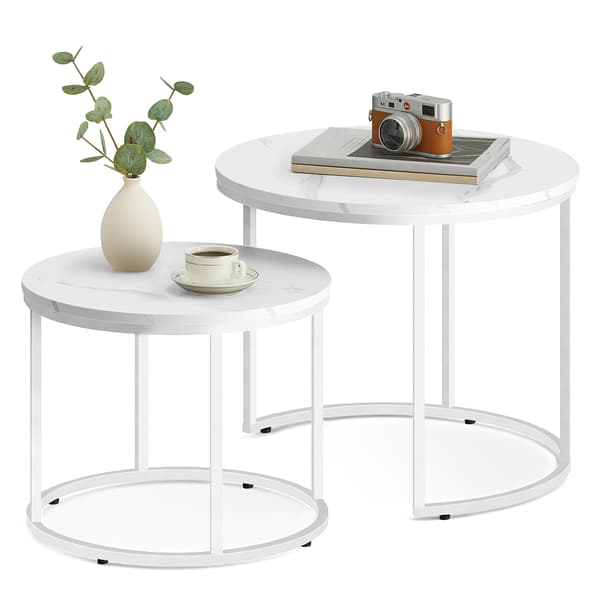 Runt soffbord, 2 delar - marmor / vita ben