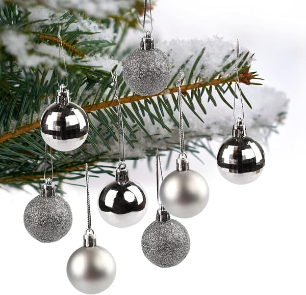 24-DELARS JULBOLLAR MED GLITTER, GLÄNSANDE SILVER, DIAMETER 4 CM