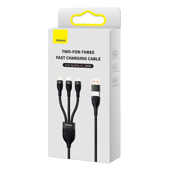 Baseus Flash Series 2 3-i-1 USB-kabel, USB-C + micro-USB + Lightning, 100W, 1,2m (svart)
