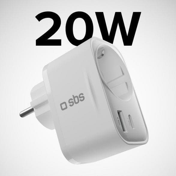 SBS 20W vægoplader med stikkontakt USB-A USB-C hvid