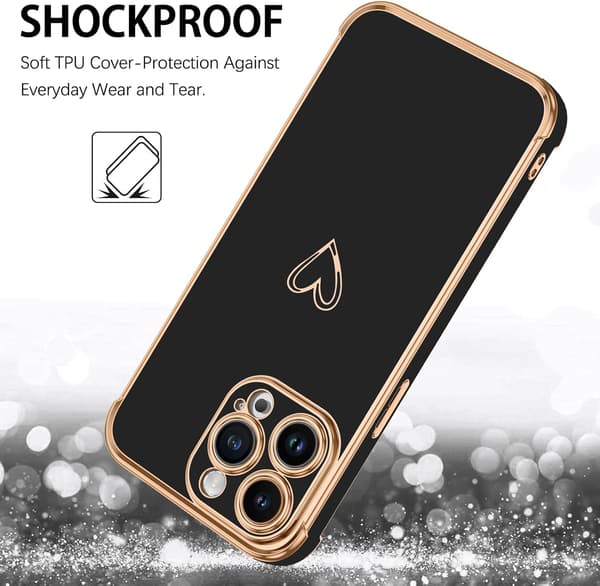 ETUI TIL APPLE IPHONE 14 PRO SORT GULD HJERTE HOLDBART A2890