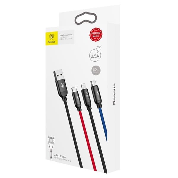 Baseus 3-i-1 USB-kabel USB-C / Lightning / Micro 3.5A 0.3m (Svart)